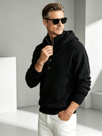 2026 New Fashionable Business Mature Casual Men'S Hooded Long Sleeve Knit Sweater, Slim Soft Warm Solid Color Knit Pullover Top, Fall Winter Suitable for Daily Office And Weekend Casual Outfits - Black