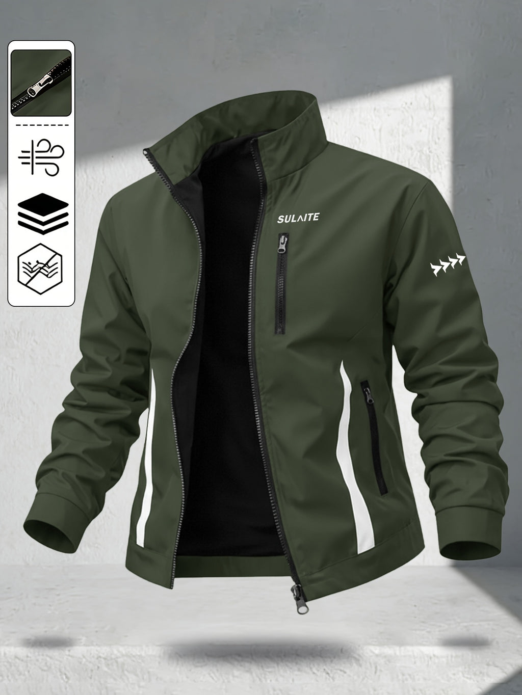 Trendy Vintage Men's Spring/Autumn New Casual Versatile Jacket Outdoor Sports Windproof Coat with Contrasting Color Stand Collar, Transitional Layering Essentials - Olive