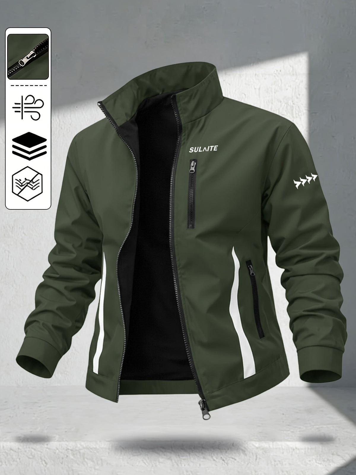 Trendy Vintage Men's Spring/Autumn New Casual Versatile Jacket Outdoor Sports Windproof Coat with Contrasting Color Stand Collar, Transitional Layering Essentials - Olive