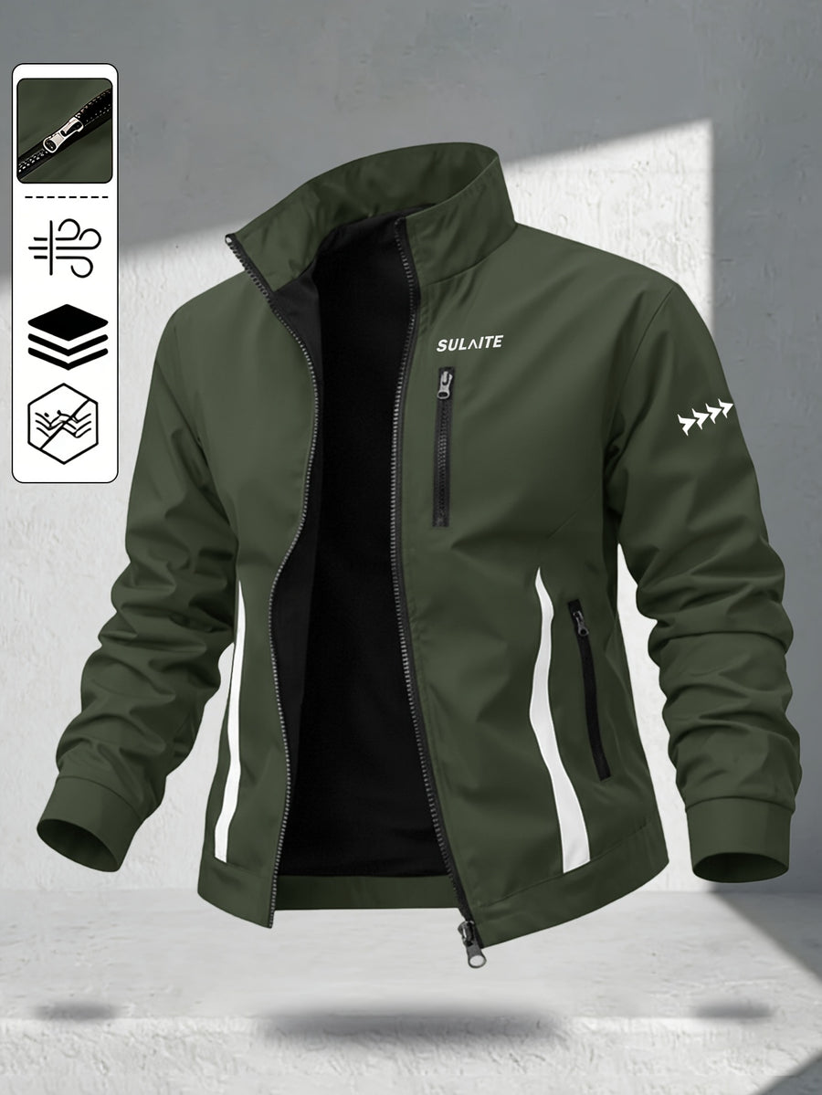 Trendy Vintage Men's Spring/Autumn New Casual Versatile Jacket Outdoor Sports Windproof Coat with Contrasting Color Stand Collar, Transitional Layering Essentials - Olive