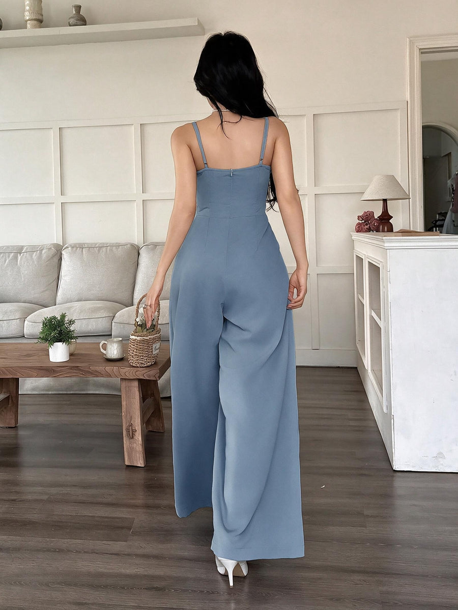 Wide-Leg Loose Solid Color with Ruched Design, Suitable for Summer Women'S Casual Wear - Light Blue