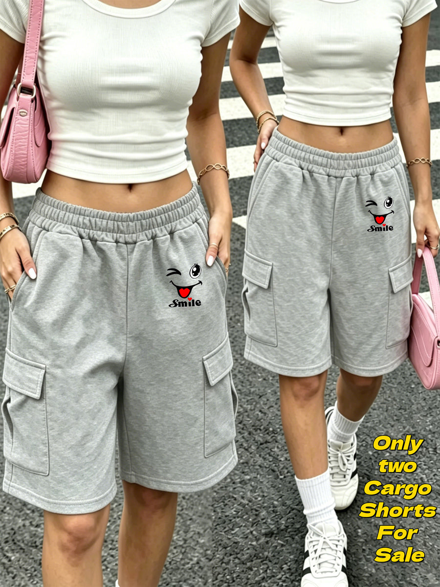 Style Printed Cargo Bermuda Shorts 2Pcss Set, Loose Wide-Leg Cut to Conceal Thigh, Elastic Drawstring High-Waist Fit Waistband Non-Tight, Soft And Breathable Fabric Suitable for Daily Outings, Campus Commute, And Home Walks - Gray + Gray