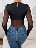 Pure Desire Style Black Lace Mesh Long-Sleeved Stand-Up Collar Hollow Waist-Cinching Women'S Jumpsuit Top Sexy Slim Party Street Jumpsuit Nightclub Party Street Pure Desire Style Jumpsuit Women - Black