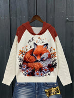 Forest-style Color-Block Fox and Floral Print Hooded Sweater Top, Vintage Casual Loose Women's Pullover, Versatile Women's Clothing for Daily Outings and Casual Home Wear - Apricot