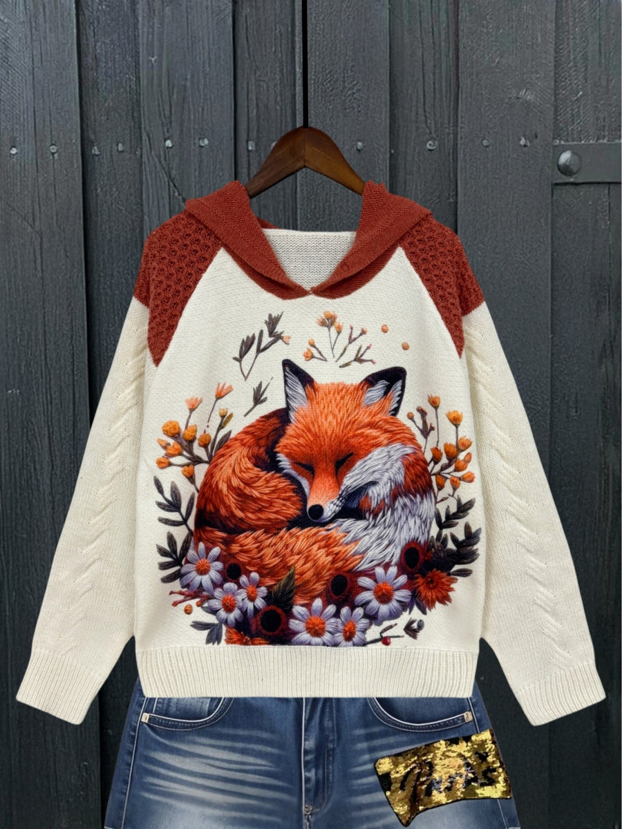 Forest-style Color-Block Fox and Floral Print Hooded Sweater Top, Vintage Casual Loose Women's Pullover, Versatile Women's Clothing for Daily Outings and Casual Home Wear - Apricot
