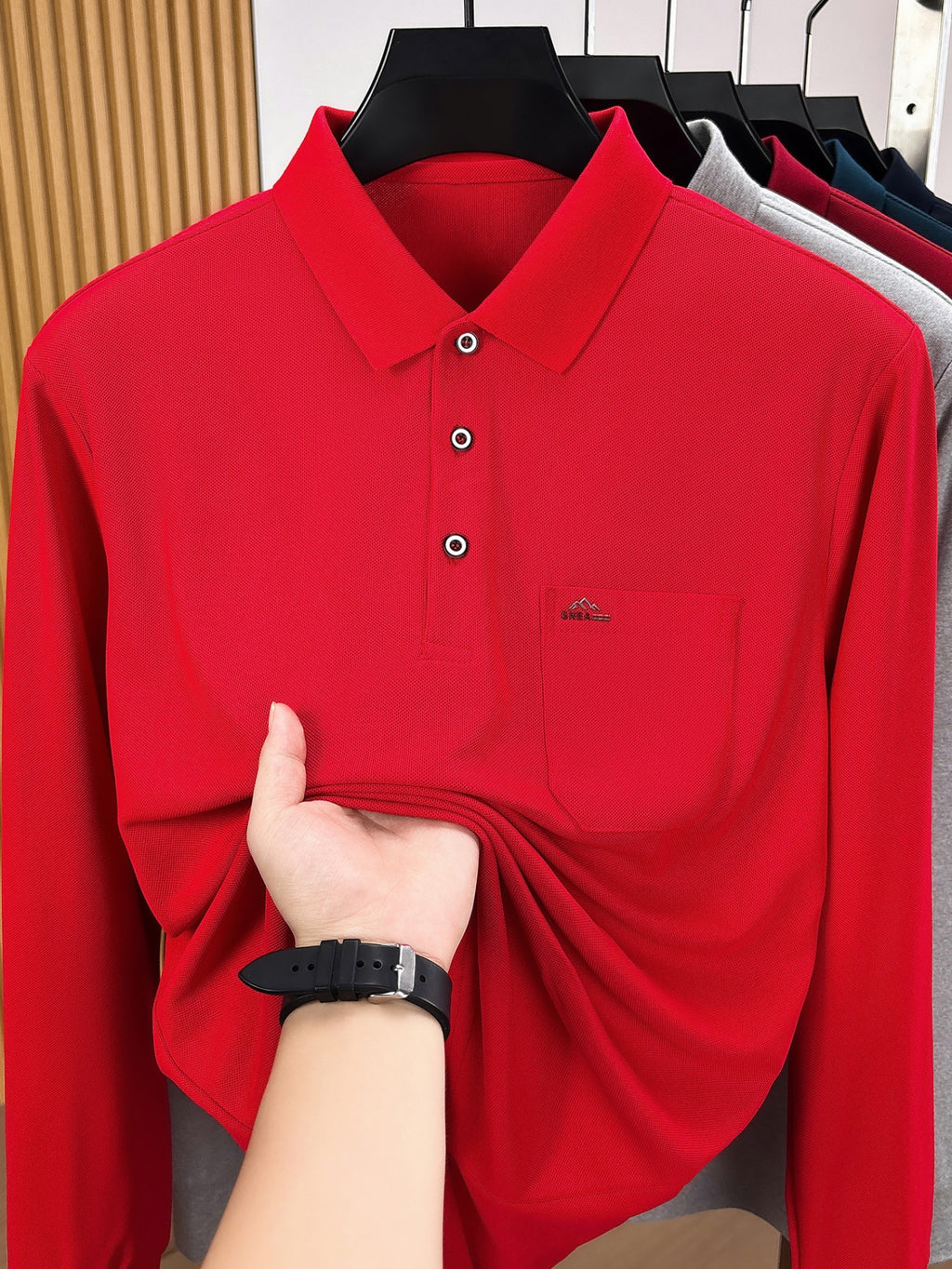 Men'S Clothing Christmas Father'S Day Gifts Golf Fishing Tennis Sports Solid Color Lapel Long Sleeve Polo Shirt Soft Skin Friendly Real Pocket Casual Pullover Top for Middle-Aged Elderly Dad Grandpa Spring Autumn Daily Wear - China Red