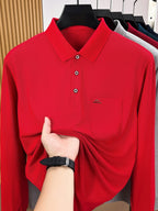 Men'S Clothing Christmas Father'S Day Gifts Golf Fishing Tennis Sports Solid Color Lapel Long Sleeve Polo Shirt Soft Skin Friendly Real Pocket Casual Pullover Top for Middle-Aged Elderly Dad Grandpa Spring Autumn Daily Wear - China Red