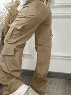 Street Style Women'S Casual Solid Color Loose Overalls, Y2K Comfortable Elastic Waist Multi-Pocket Long Pants - Dark Khaki