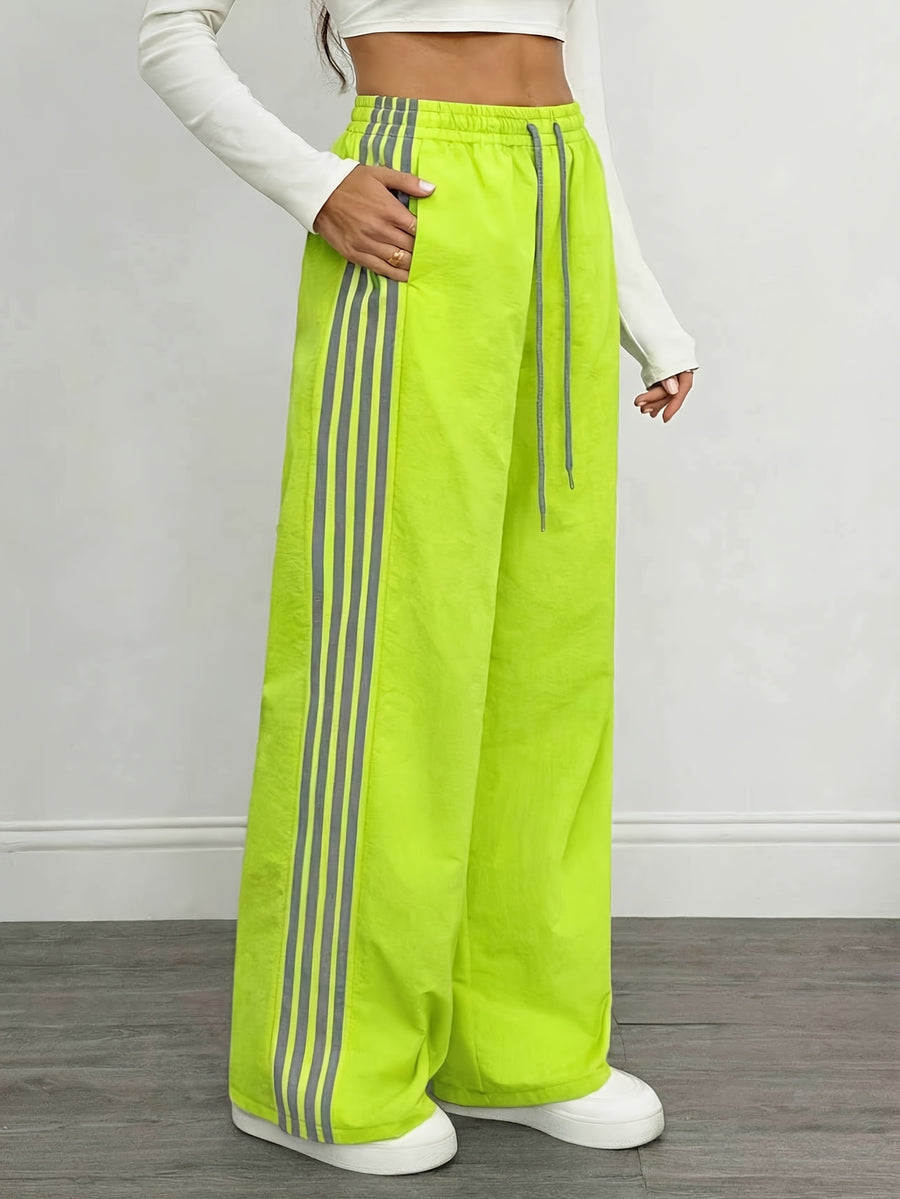 Reading Week Clothing, Back to Season, 1pc 2025 Autumn Winter New Casual Sports Fashion Comfortable Beautiful Color-Blocked Waist Drawstring Women'S Long Pants, Suitable for Holiday Gifts Women'S Apparel - Fluorescent Yellow