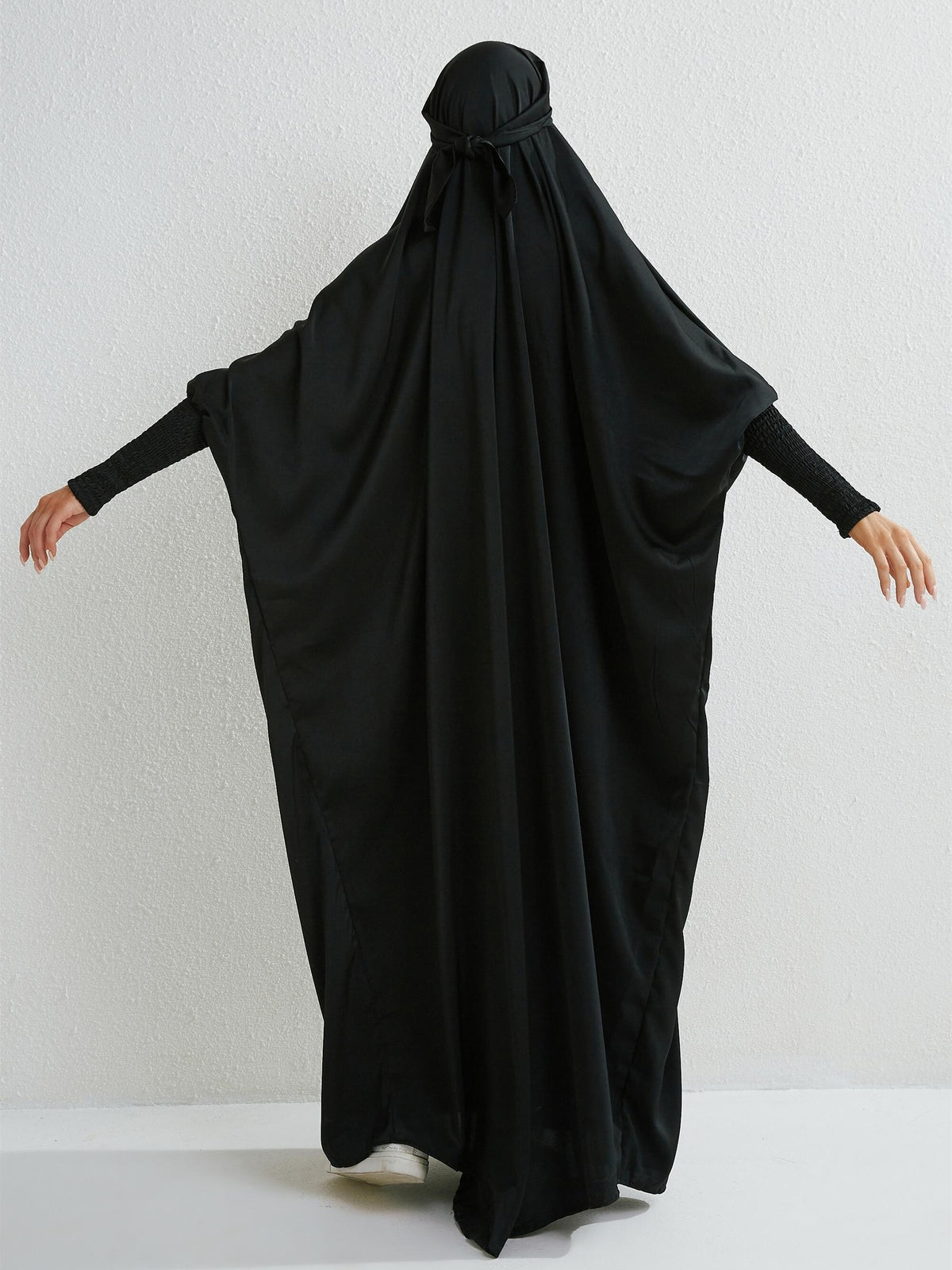 Islamic Attire for Women Featuring a Hooded Jilbab with Smocking Sleeves, Designed for Prayer, Suitable for Modesty in Dubai And Saudi Arabia, Available in Black - Black