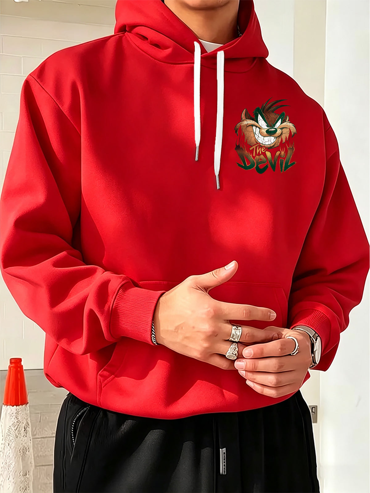 Warner Bros. Big Mouth Style Print, Hooded Sweatshirt with Graphic Design, Multi-functional Street Style Men's Hoodie, Comfortable and Casual, Suitable for Autumn and Winter Wear - Red