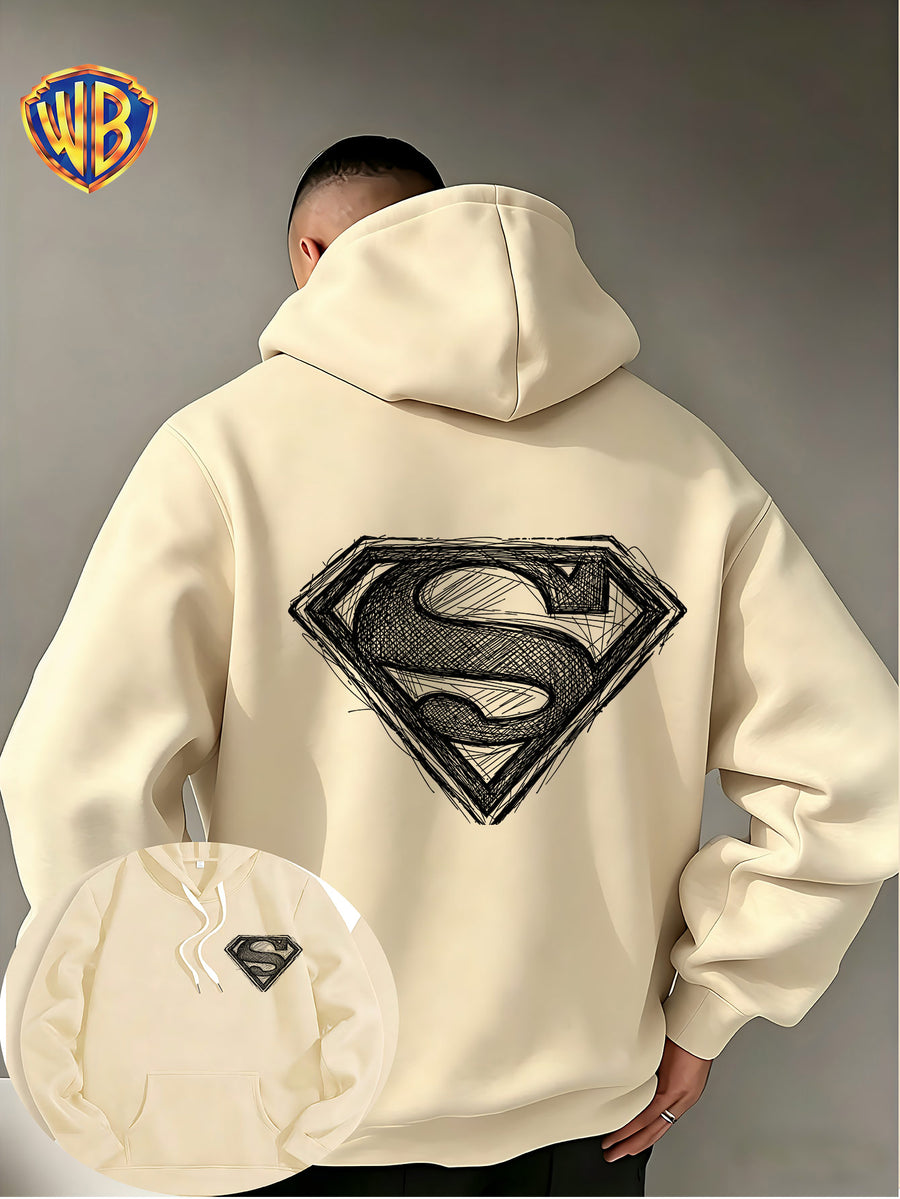 Warner Bros. Superman Sketch Print Hooded Sweatshirt, Men's Loose Fit Casual Top, Versatile and Comfortable Autumn/Winter Sweatshirt - Apricot