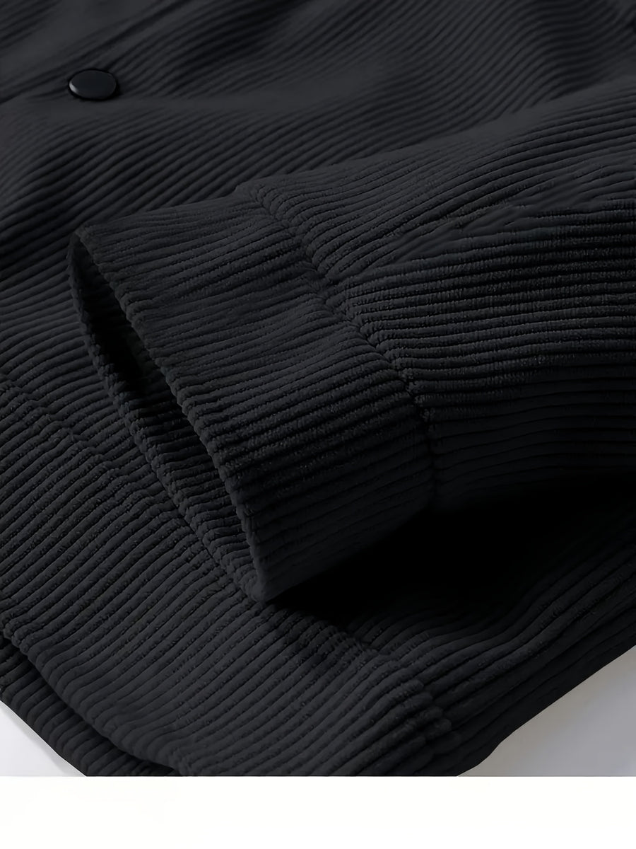 Men'S Trendy Corduroy Lapel Cargo Jacket Solid Vertical Texture Casual Long Sleeve Jacket Commuter Top - Black
