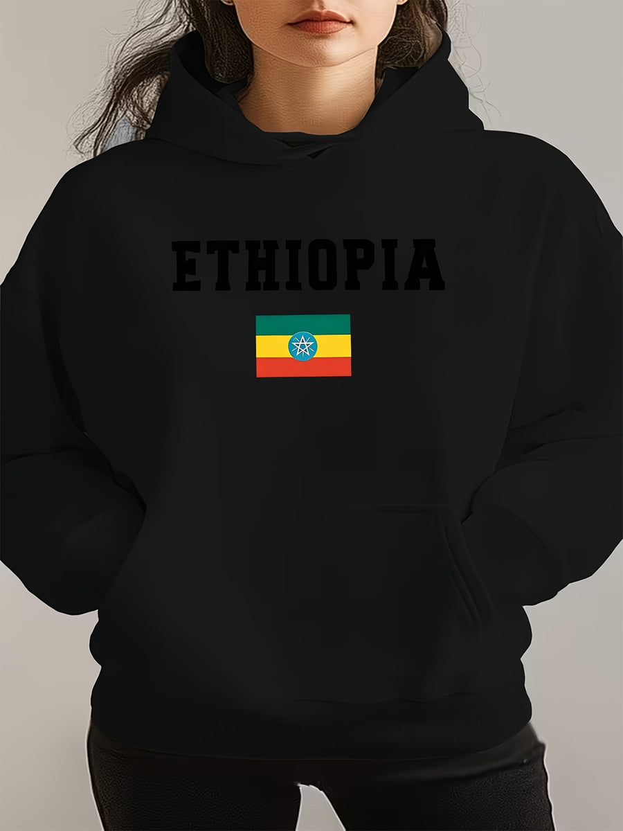 ETHIOPIA Lettering And Ethiopian Flag Pattern Autumn Winter Fashion Fleece Hooded Sweatshirt Women'S Printed Casual Elegant Women'S Clothing Cute Top - Black