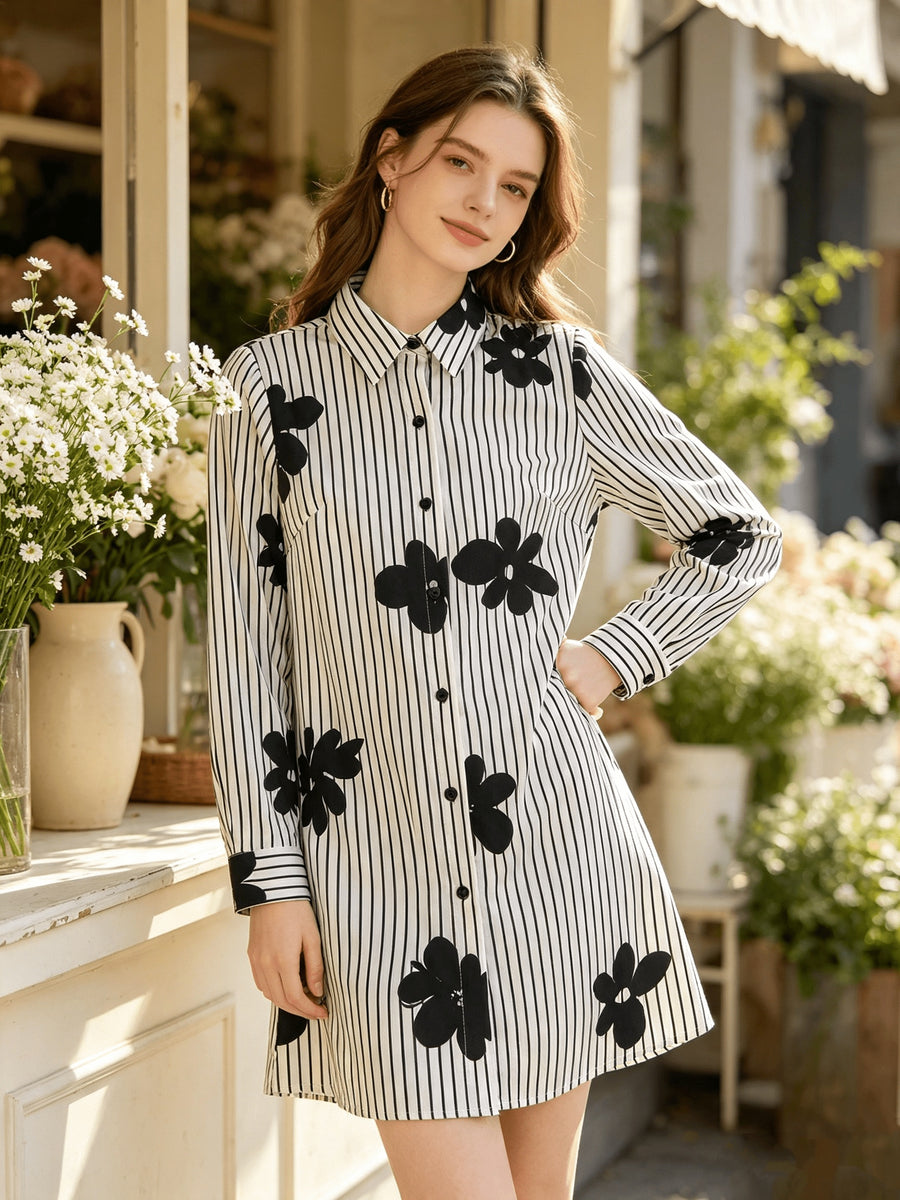 Women's Long Sleeve Shirt Dress - Black and White Floral Pattern Button-Front Top Dress, Vintage Lapel Collar, Loose Fit, Versatile Top for Commuting and Casual Wear - Mixed colors