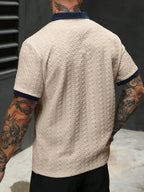 Men's Color-Block Short-Sleeve Casual Commuter Polo Shirt, Men's Knit Polo Shirt, Cream-Colored Polo Shirt, Men's V-Neck Knitwear, Men's Short-Sleeve Sweater, Polo, Men's Textured Polo Shirt, Old Money Style - Khaki