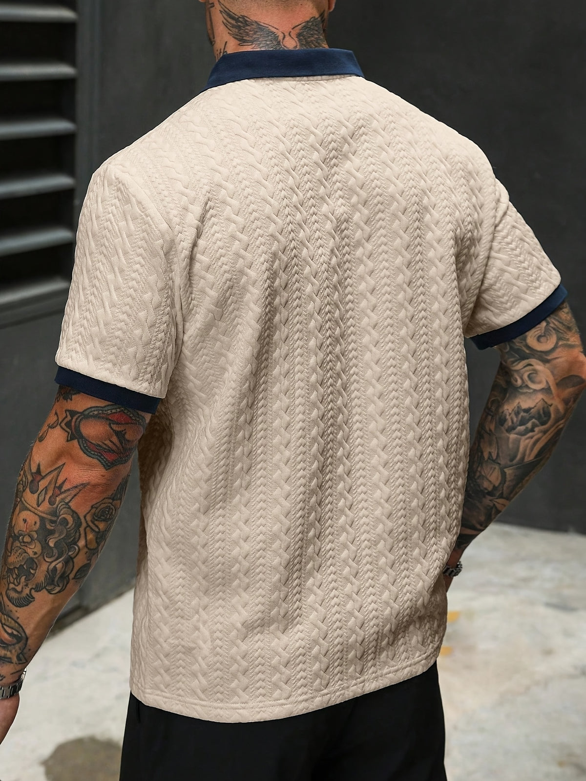 Men's Color-Block Short-Sleeve Casual Commuter Polo Shirt, Men's Knit Polo Shirt, Cream-Colored Polo Shirt, Men's V-Neck Knitwear, Men's Short-Sleeve Sweater, Polo, Men's Textured Polo Shirt, Old Money Style - Khaki