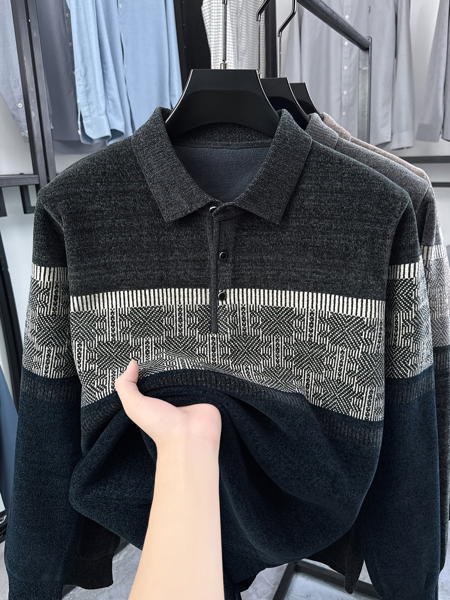Men's Color-Block Knit Pullover, Casual Warm Autumn/Winter POLO Sweater - Black Gray