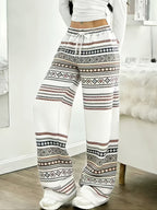 Women'S Drawstring Elastic Waist Sweatshirt Printed Wide-Leg Pants, Stylish Pocket Design, Casual And Comfortable Going-Out Sweatpants, Fashionable Women'S Clothing - White