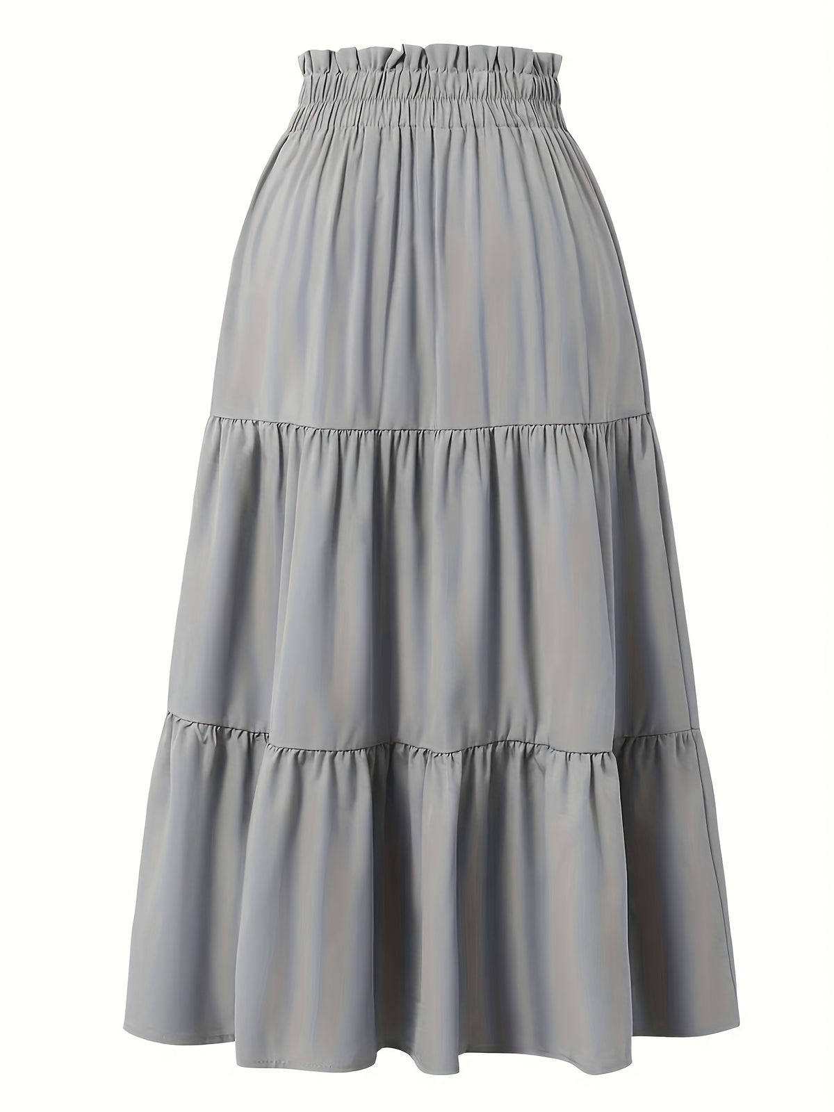 Women's Olive Green Pleated Midi Skirt - Lightweight Adjustable Drawstring Waist, Hand Washable Spring/Summer Elegant Solid Color Skirt for Casual & Formal Outfits, Casual Attire, Nontransparent Fabric, Spring Fashion, Classic Style, Breathable Material - Light Grey