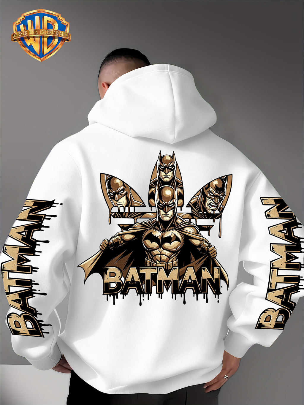 Warner Bros. Official Men's Hooded Sweatshirt - 1pc, Batman BATMAN Vintage Black and Golden Drip Lettering Creative Print, Trendy and Cool DC Superhero IP Graphic Hoodie, Skin-Friendly, Comfortable, and Warm Fabric, Kangaroo Pocket with Ribbed Cuffs - White