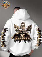 Warner Bros. Official Men's Hooded Sweatshirt - 1pc, Batman BATMAN Vintage Black and Golden Drip Lettering Creative Print, Trendy and Cool DC Superhero IP Graphic Hoodie, Skin-Friendly, Comfortable, and Warm Fabric, Kangaroo Pocket with Ribbed Cuffs - White