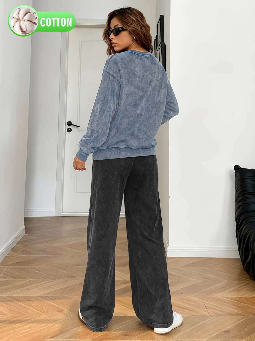 2pcs Letter Printed Streetwear Fashion Versatile, Comfortable, and Convenient, Casual, Vibrant, Y, Retro Women's Wide-leg Loose Snowflake Print Set. - Blue+Black and Gray