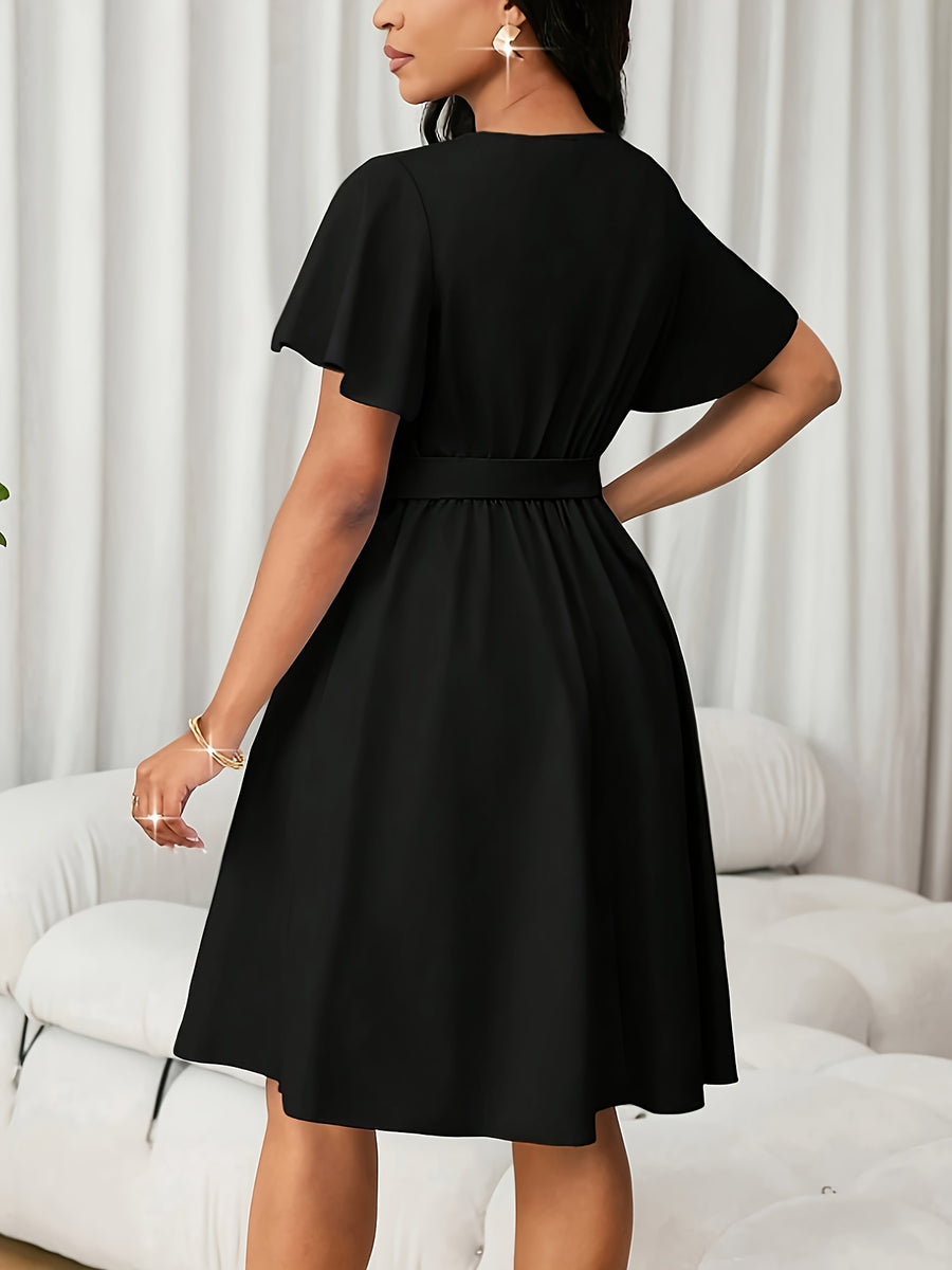 V-neck A-line Skirt, and Figure-hugging, with Ruffled Short Sleeves and a Belt, Mid-length Dress, Elegant and Graceful for Dates, Commuting, and Daily Wear - Black