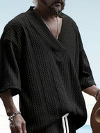 Men's Casual and Comfortable Outdoor Daily Sports Simple and Fashionable Youth High-quality Handsome American Versatile Knitted T-shirt Men's Summer Loose V-neck Sports Solid Color T-shirt Men - Black