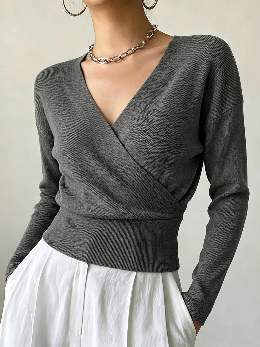 Women'S New Arrivals INS Autumn/Winter Cross-Collar Pullover, Elegant Versatile Loose Fit Machine Washable Long-Sleeve Knitwear - Grey