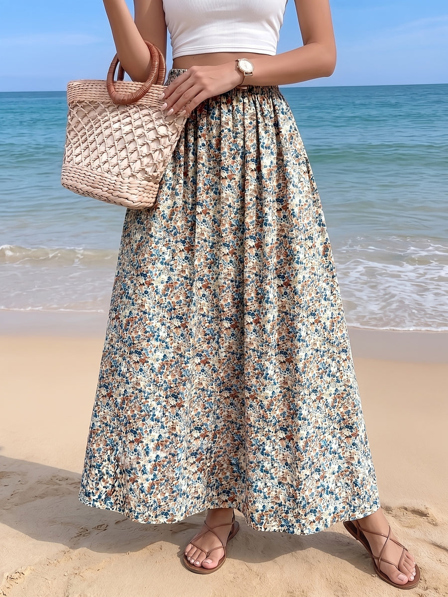 Women'S A-Line Skirt, Women'S Floral Print Midi Skirt, Floral Pattern Skirt, Light And Elegant, Very Suitable for Beach Vacations, Daily Wear, Travel Photography, And Casual Outings, Both Fashionable And Comfortable - Apricot
