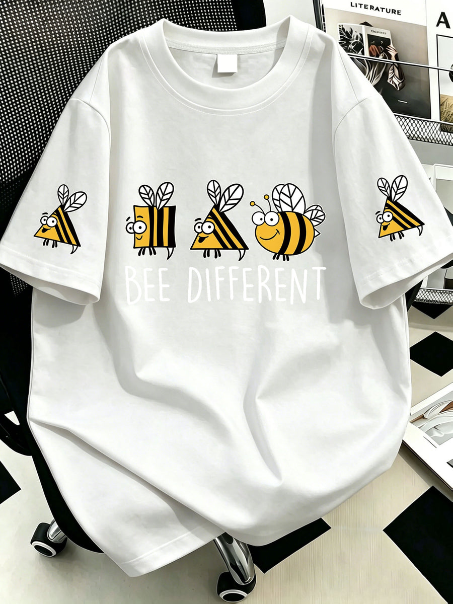 Plus Size Women'S BEE Different Bee Pattern Printed Round Neck T-Shirt, Suitable for Summer Vacation, Beach, Resort, Spring, Valentine'S Day, Carnival, Mother'S Day Gift; Suitable for Casual Wear, Outings, Travel, Holidays, Parties, Birthdays - White