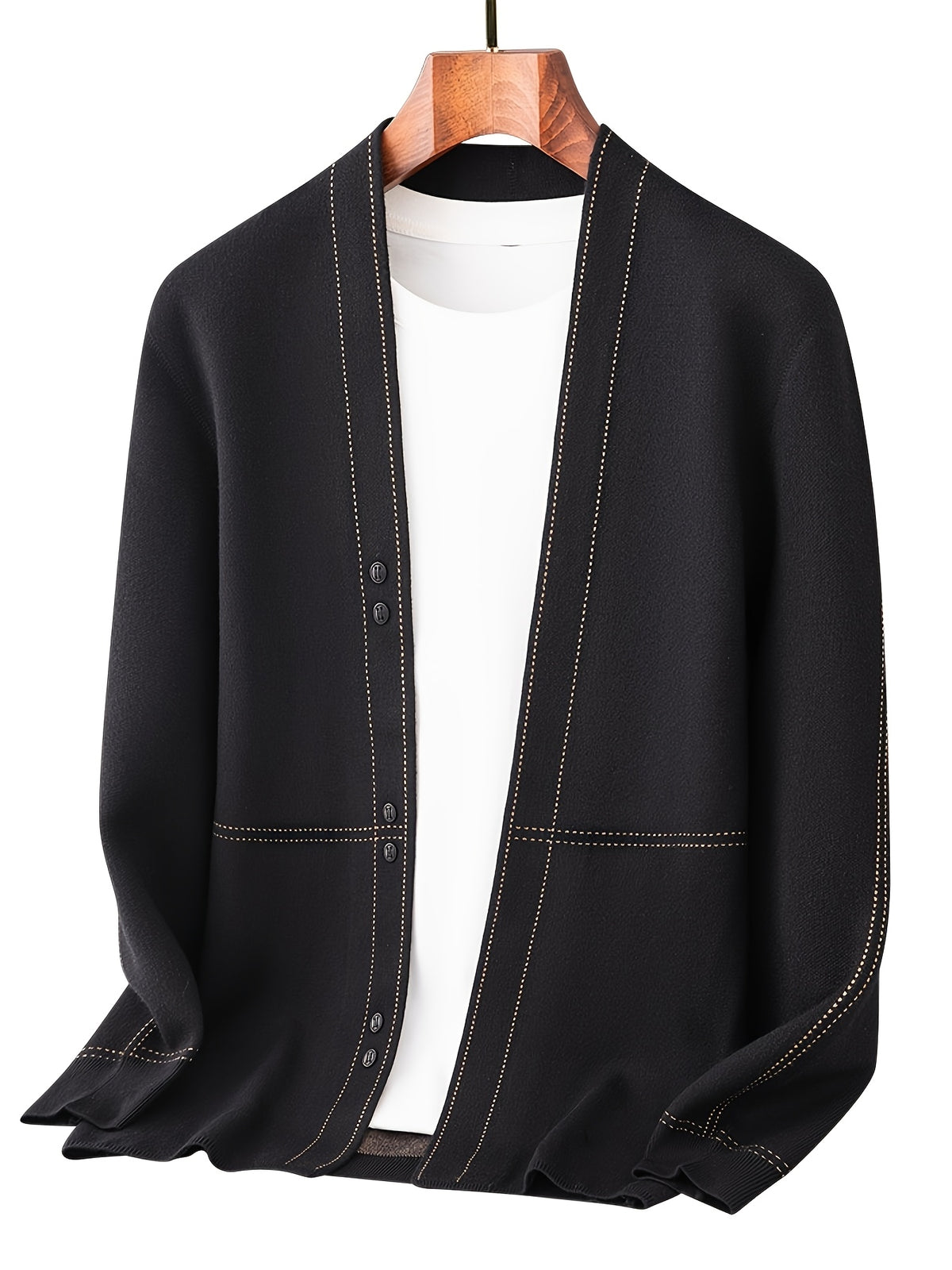 [Qiaoximei Obm] Men'S Knitted Cardigan Spring And Autumn Middle-Aged Striped Velvet Cardigan Jacket Men'S Business Casual Long-Sleeved Knitwear - Black
