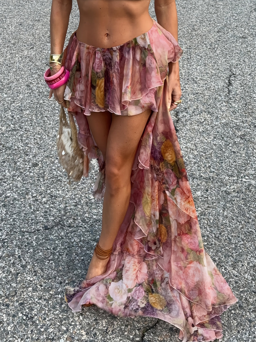Spring And Summer Vacation Floral Print Ruffled Hem Skirt for Women, Elegant And Sexy Beach Party Dress - Pink