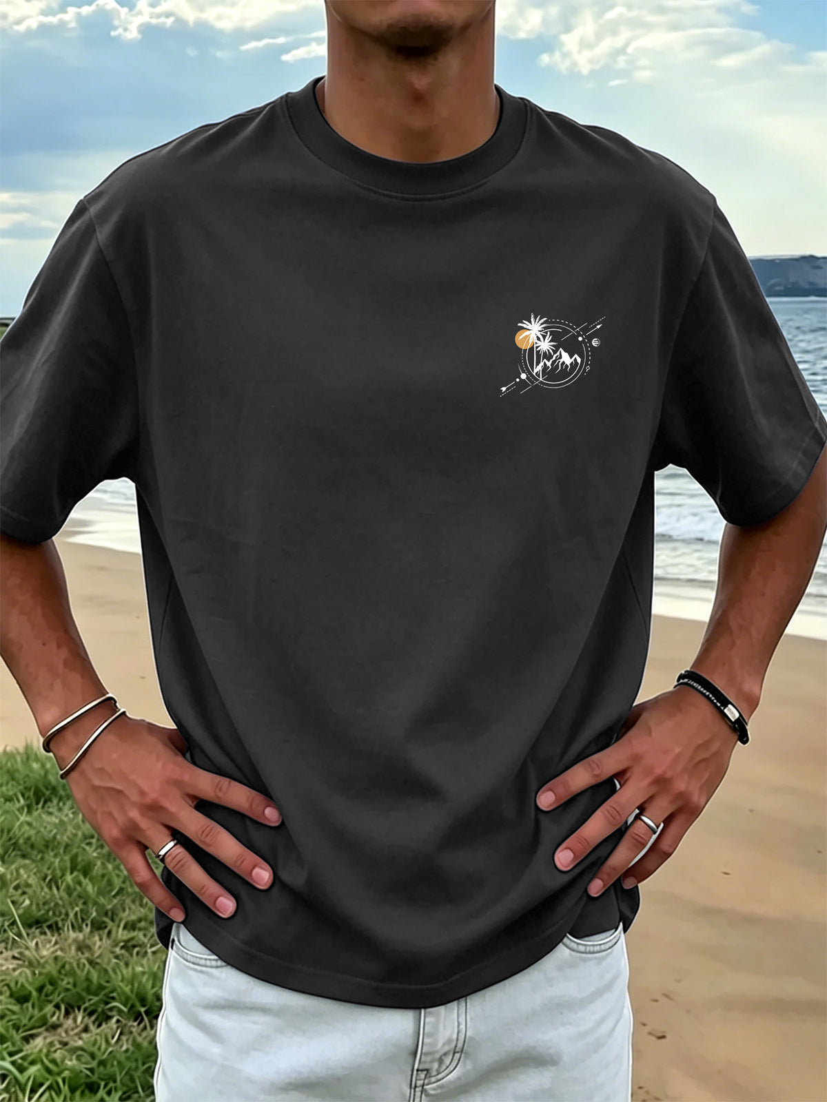 New Men's 100% Pure Cotton T-Shirt with Surfboard, Coconut Tree, and Sun Print, Comfortable and Breathable for Summer Casual Beach Vacations - Dark Gray