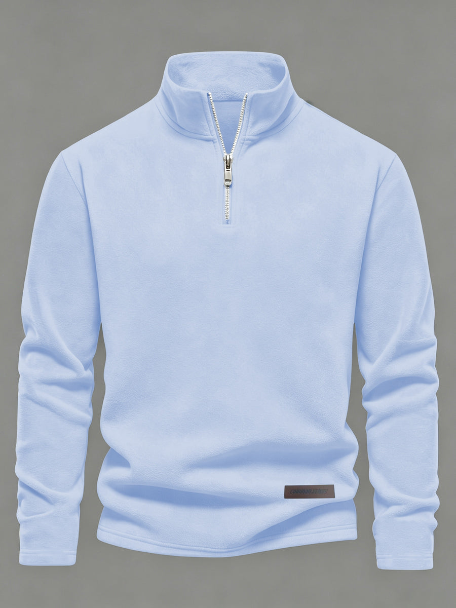 Josh Rose OBM Trendy Men's Solid Color Pure Velvet Fabric Long Sleeve Vintage Henley Shirt T-Shirt, Casual, Suitable for Autumn/Winter, Ideal for Men's Daily Wear, Stylish Slim-Fit Versatile Stand Collar Half-Zip Garment - Light Blue