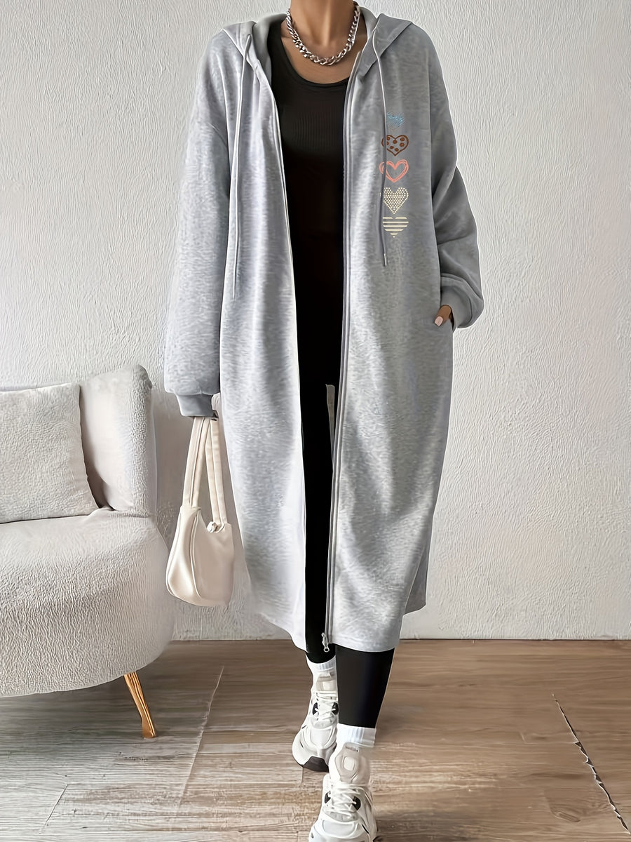 Women's Fashion Color-Block Zip-Up Jacket with Valentine's Day 5-Heart Pattern Print - Light Grey