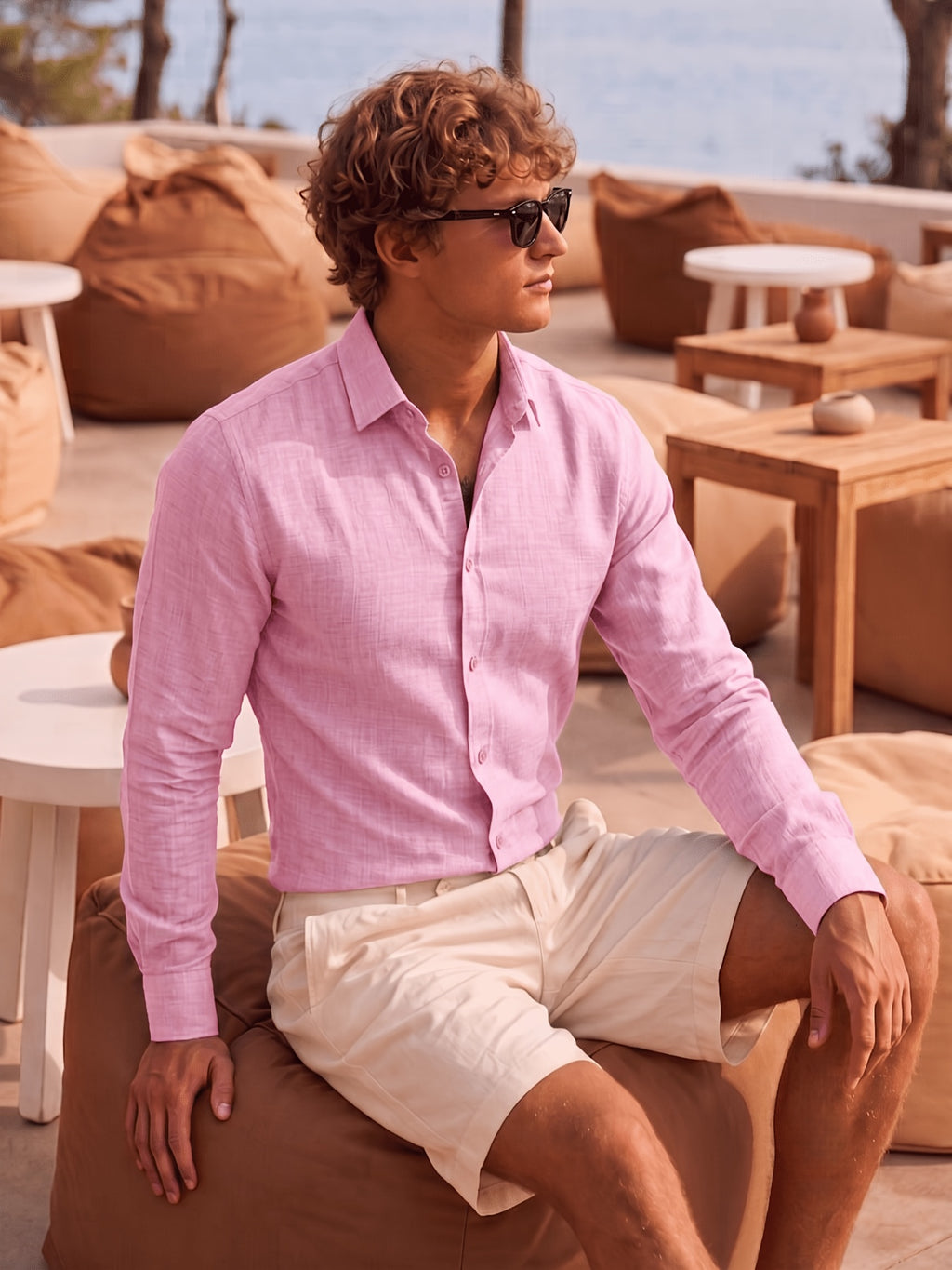 Men'S Anti-Moth Long-Sleeved Square-Neck Shirt, Lightweight And Breathable Solid Color Business-Casual Shirt, Loose-Fitting All-Match Basic Shirt for Spring And Summer Commuting And Vacation. Available in Multiple Colors - pink