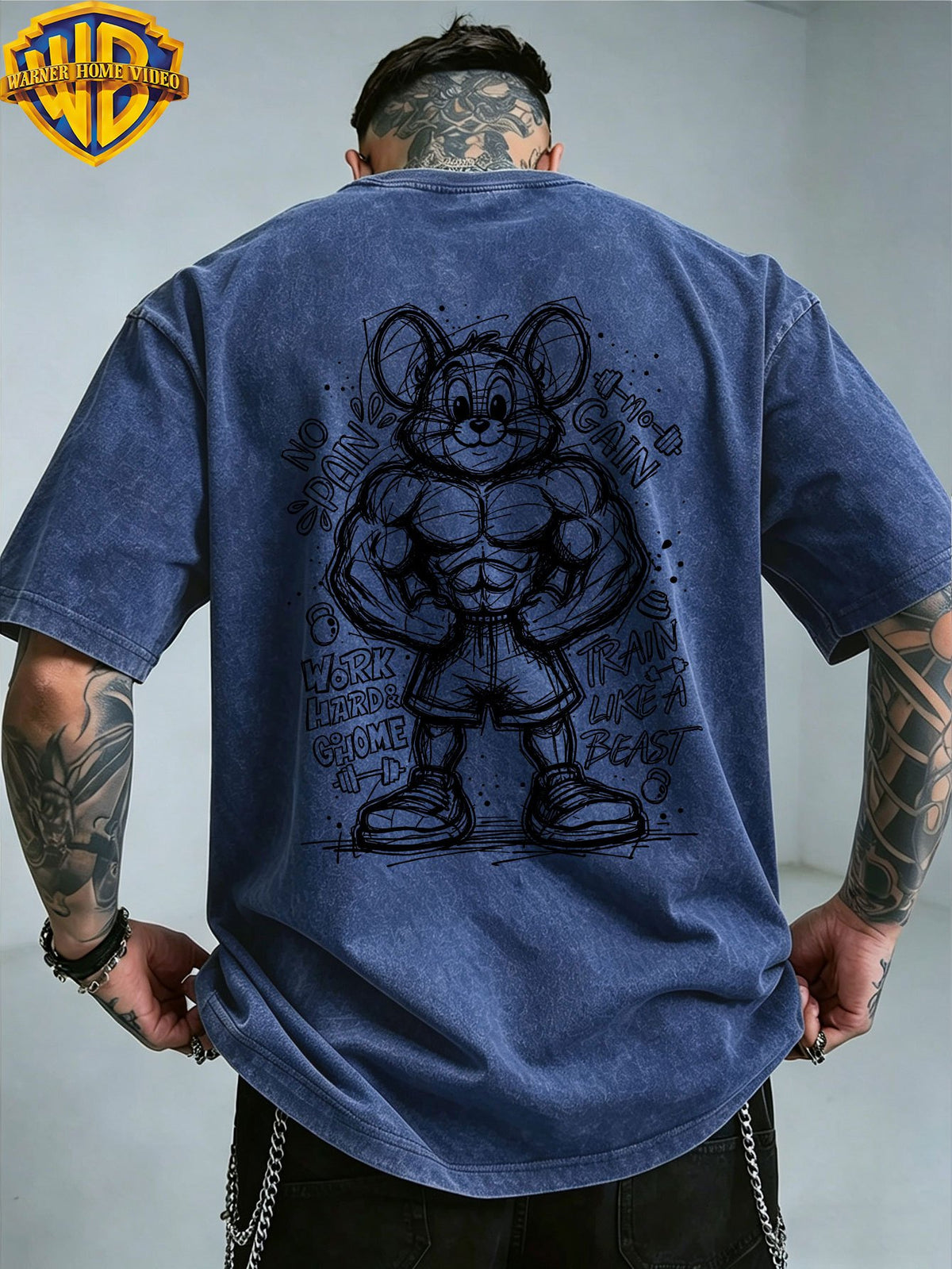 Warner Bros Official Muscle Fitness Mouse Doodle Sketch Print Washed Distressed Short-Sleeve T-Shirt, American Vintage Casual Top, Men's Casual Comfortable Versatile Loose T-Shirt, Suitable for Outdoors and Gym - Royal Blue