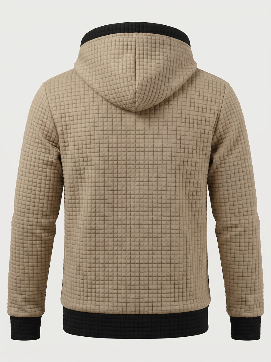 [Pearson OBM] Men'S Autumn Winter Sporty Long Sleeve Jacket, Small Checkered Jacquard Soft Comfortable Fabric, Solid Color Knitted Hooded Craft Fashion Men'S Sweatshirt Jacket, Fashion Print Craft Design, Suitable for Casual Outings, Sports - ho khaki