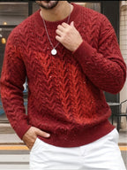 Men'S American Retro Heavyweight Cable Knit Sweater, Men'S Thick Casual Round Neck Pullover, Autumn Winter Loose Oversized Inner Outerwear Top - SINBOS - Red