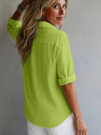 Multi-Color Available Taxi Direction New Stunning Elegant Style Solid Color POIO Collar Long Sleeve Spring Autumn All-Season Versatile Shirt - Grass Green