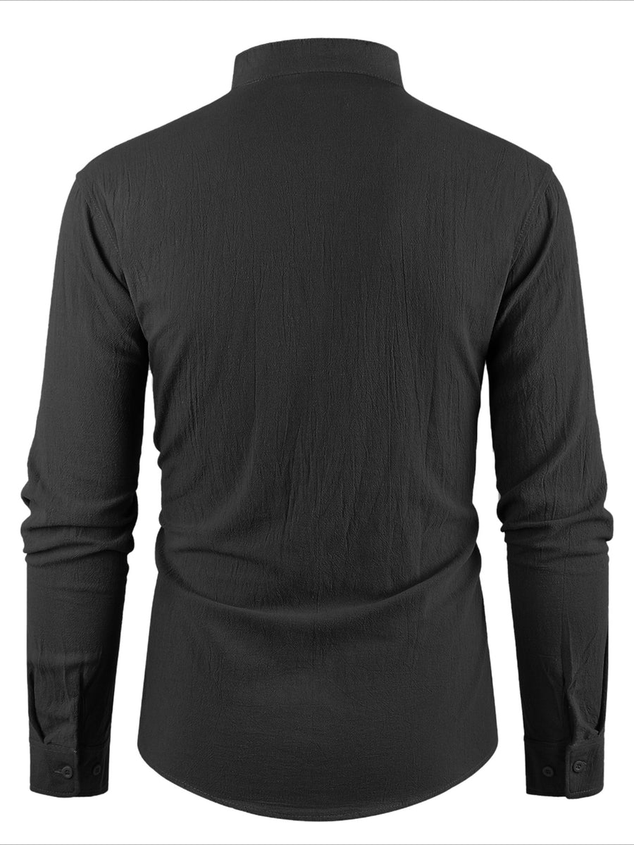 Men'S Casual Shirt Spring Summer Solid Color Dress Shirt Stand Collar Casual Lightweight Shirt Men'S Top - Black