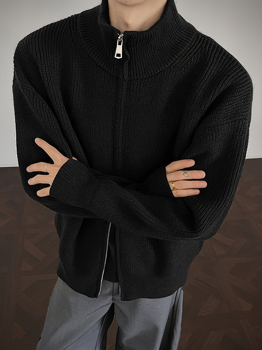 Men'S Fashion High-Weight Solid Color Casual Sweater Cardigan, Loose Fit. Suitable for Autumn Winter Daily Casual Wear, Knit - Black