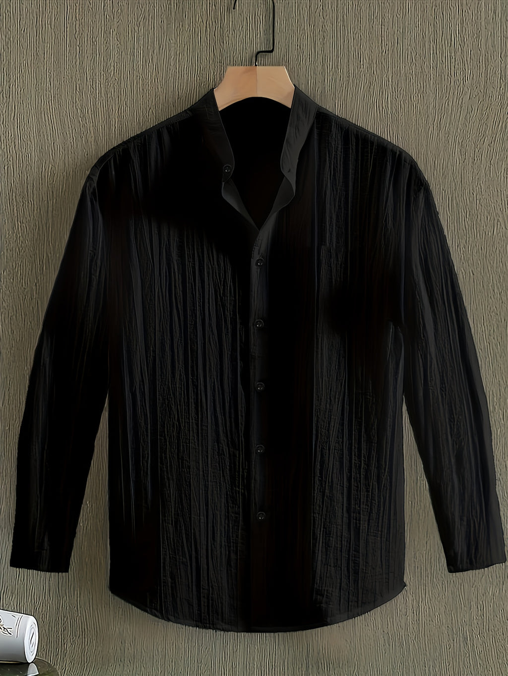 [Qiaoximei OBM] Men'S Clothing New Stand-Collar Solid Color Long Sleeve Shirt, Easy Stand-Collar Design, Spring Autumn Winter High-Quality Men'S Long Sleeve Button-Up Shirt - Suitable for Outdoor Leisure Vacation Travel Formal - Black
