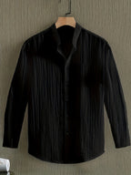 [Qiaoximei OBM] Men'S Clothing New Stand-Collar Solid Color Long Sleeve Shirt, Easy Stand-Collar Design, Spring Autumn Winter High-Quality Men'S Long Sleeve Button-Up Shirt - Suitable for Outdoor Leisure Vacation Travel Formal - Black