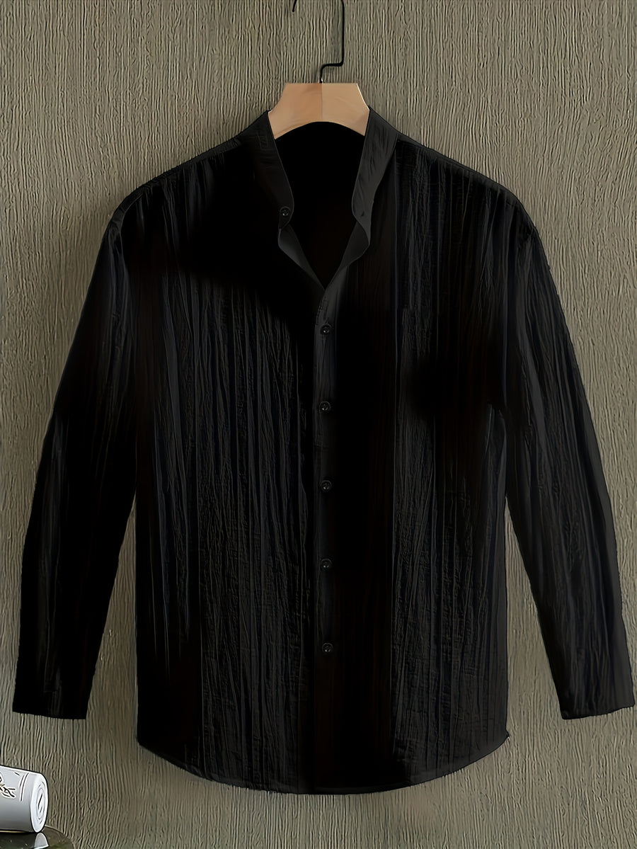 [Qiaoximei OBM] Men'S Clothing New Stand-Collar Solid Color Long Sleeve Shirt, Easy Stand-Collar Design, Spring Autumn Winter High-Quality Men'S Long Sleeve Button-Up Shirt - Suitable for Outdoor Leisure Vacation Travel Formal - Black