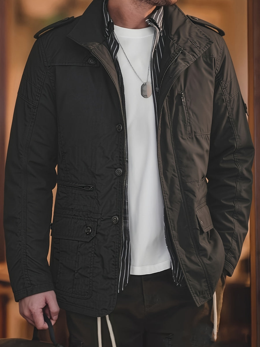 Men'S Versatile Cargo Jacket, Spring Autumn Thin Stand-Up Collar Shoulder Epaulette Multi-Pocket Coat, Casual Commute Men'S Wear, Casual Athletic Versatile Jacket, Perfect Gift for Daily Outing, Halloween Christmas Valentine'S Day Ideal Gift - Black