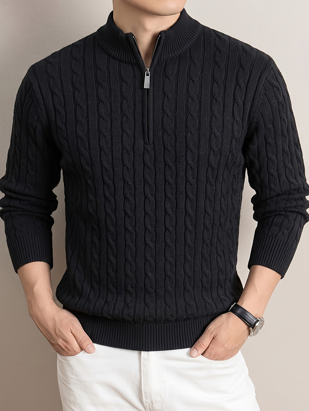 Men'S Half-Zip Jacquard Knit Sweater, Retro Luxury, Breaking The Monotony of Middle-Aged Sweaters, Suitable for Business Casual - SINBOS - Black