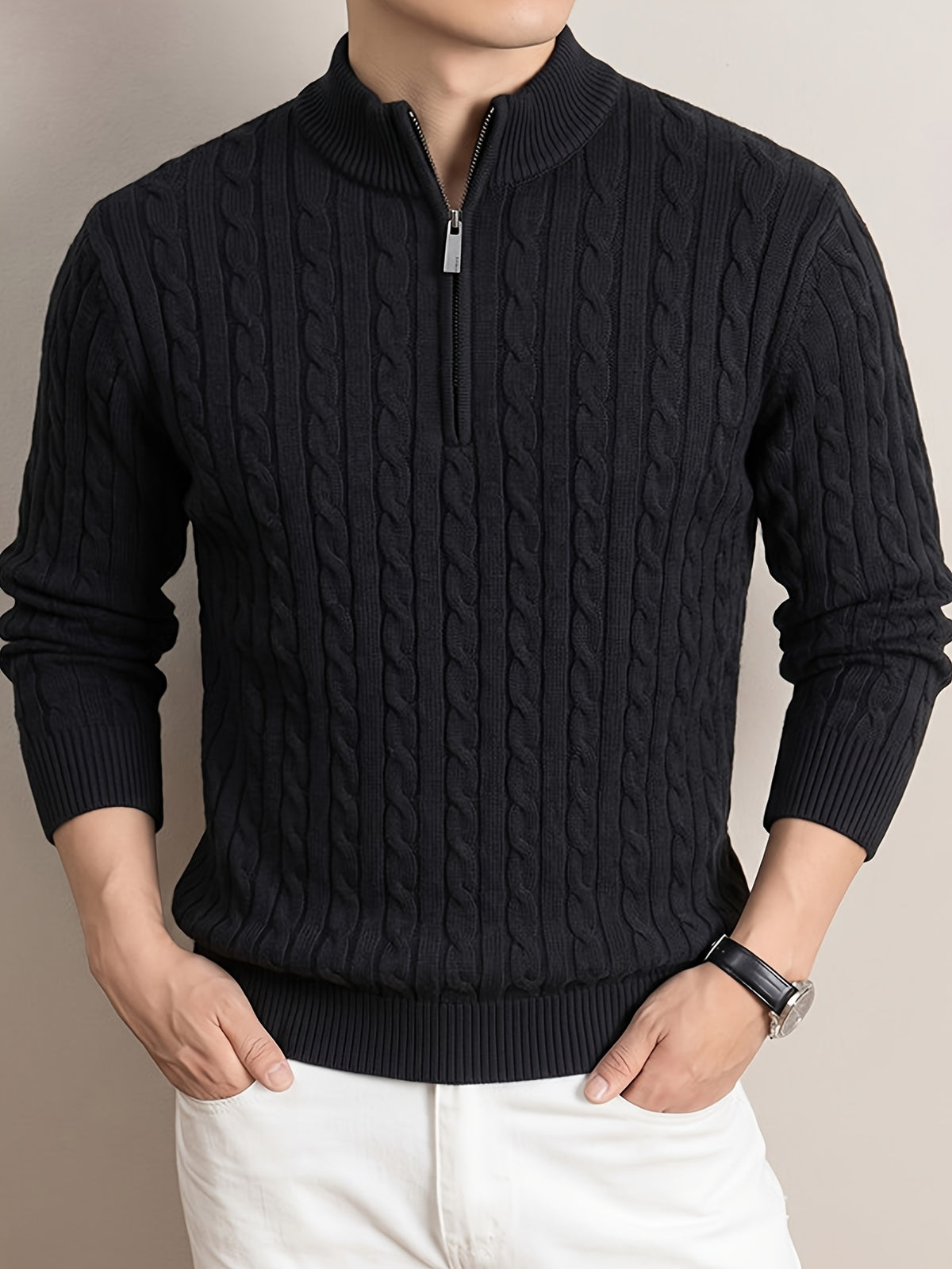 Men'S Half-Zip Jacquard Knit Sweater, Retro Luxury, Breaking The Monotony of Middle-Aged Sweaters, Suitable for Business Casual - SINBOS - Black